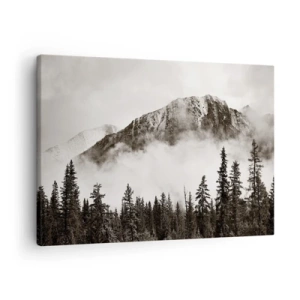 Bild auf Leinwand - Leinwandbild - Ein malerischer Berggipfel, umgeben von Nebel und einem sepiafarbenen Wald - 70x50cm - Lineal aus Granit - Moderne Wanddekoration für Wohnzimmer und Schlafzimmer ARTTOR