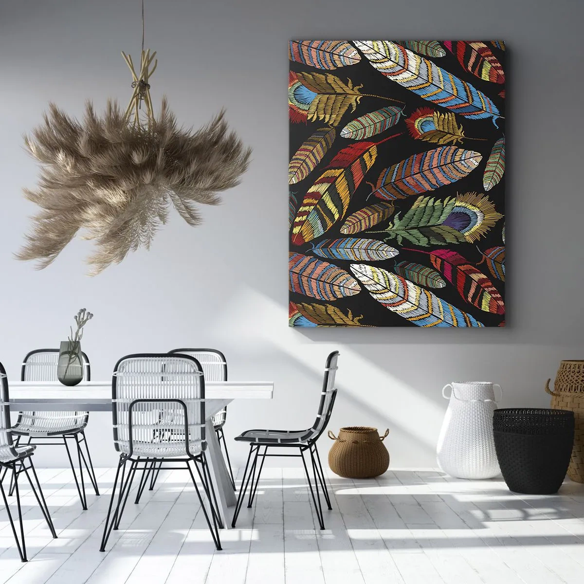 Bild auf Leinwand - Leinwandbild - Bunte Federn auf schwarzem Hintergrund - 50x70cm - Der Vogelkarneval - Moderne Wanddekoration für Wohnzimmer und Schlafzimmer ARTTOR
