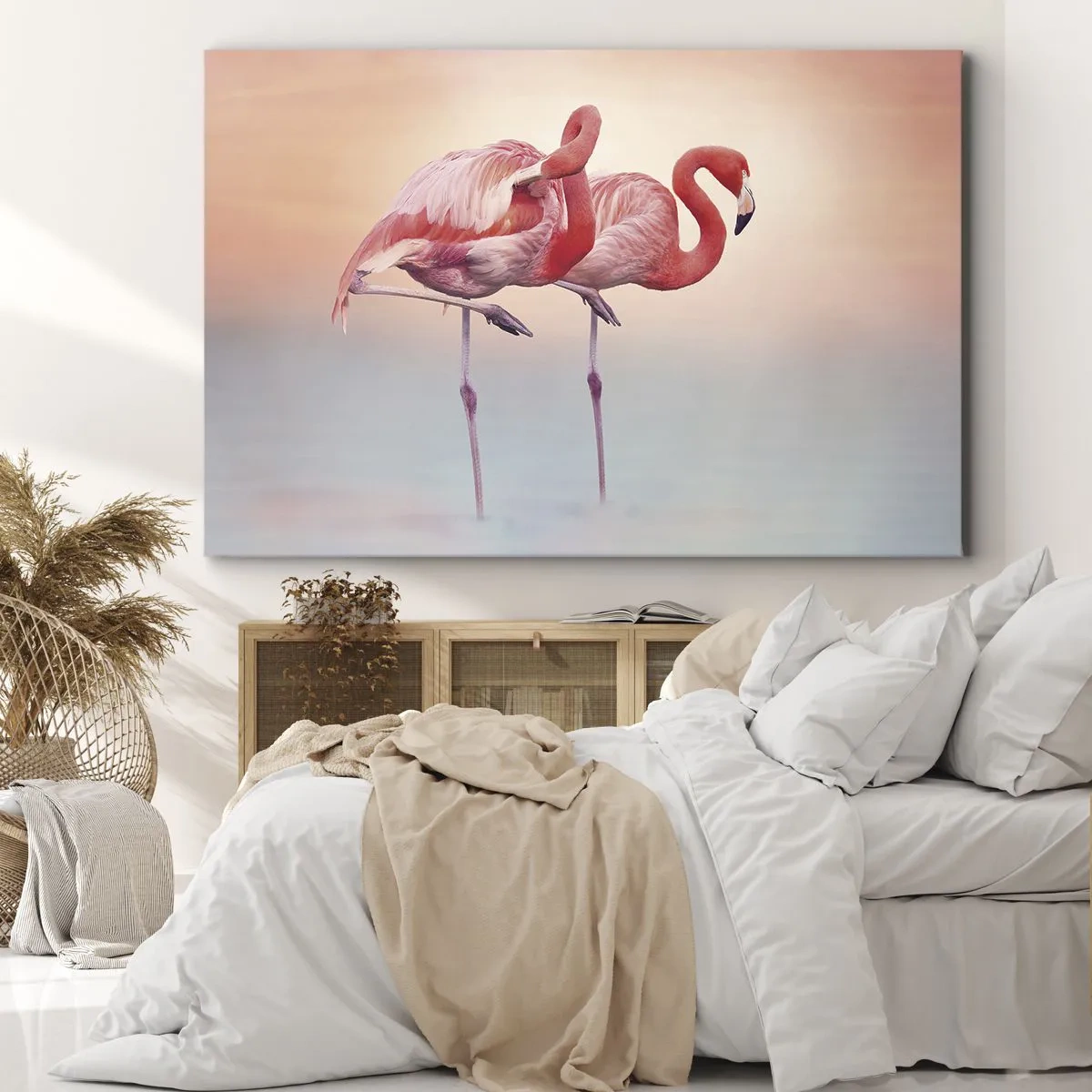 Bild auf Leinwand - Leinwandbild - Flamingos in zarten Pastellfarben auf Wasserhintergrund - 70x50cm - Die Farbe der untergehenden Sonne - Moderne Wanddekoration für Wohnzimmer und Schlafzimmer ARTTOR