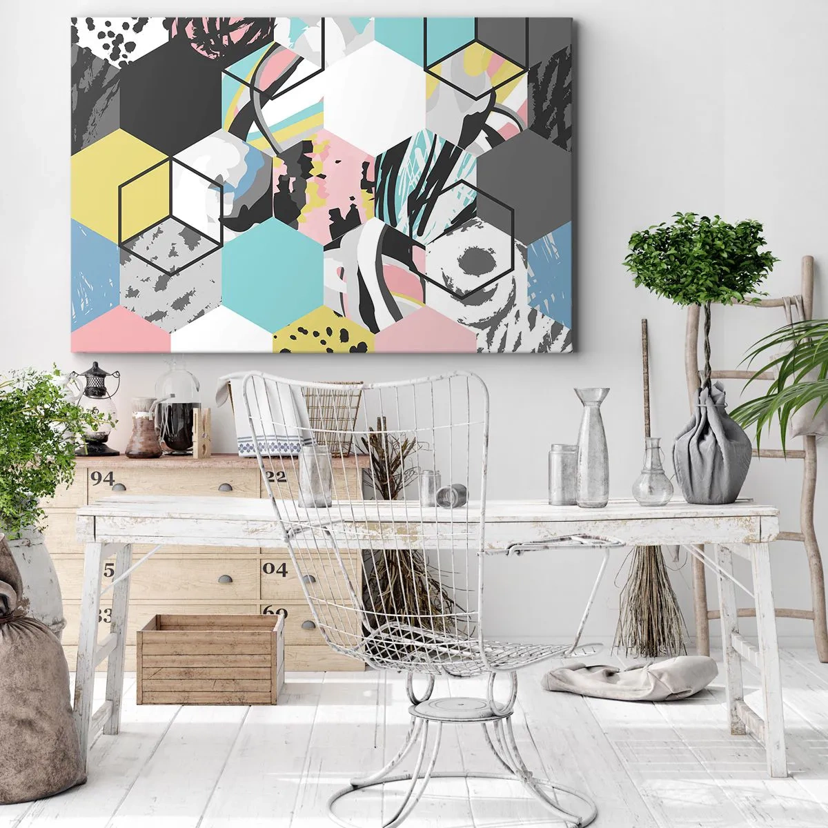 Bild auf Leinwand - Leinwandbild - Geometrisches Sechseckmuster mit farbenfrohen abstrakten Details - 70x50cm - Sechsecke und Würfel in sechs Farben - Moderne Wanddekoration für Wohnzimmer und Schlafzimmer ARTTOR