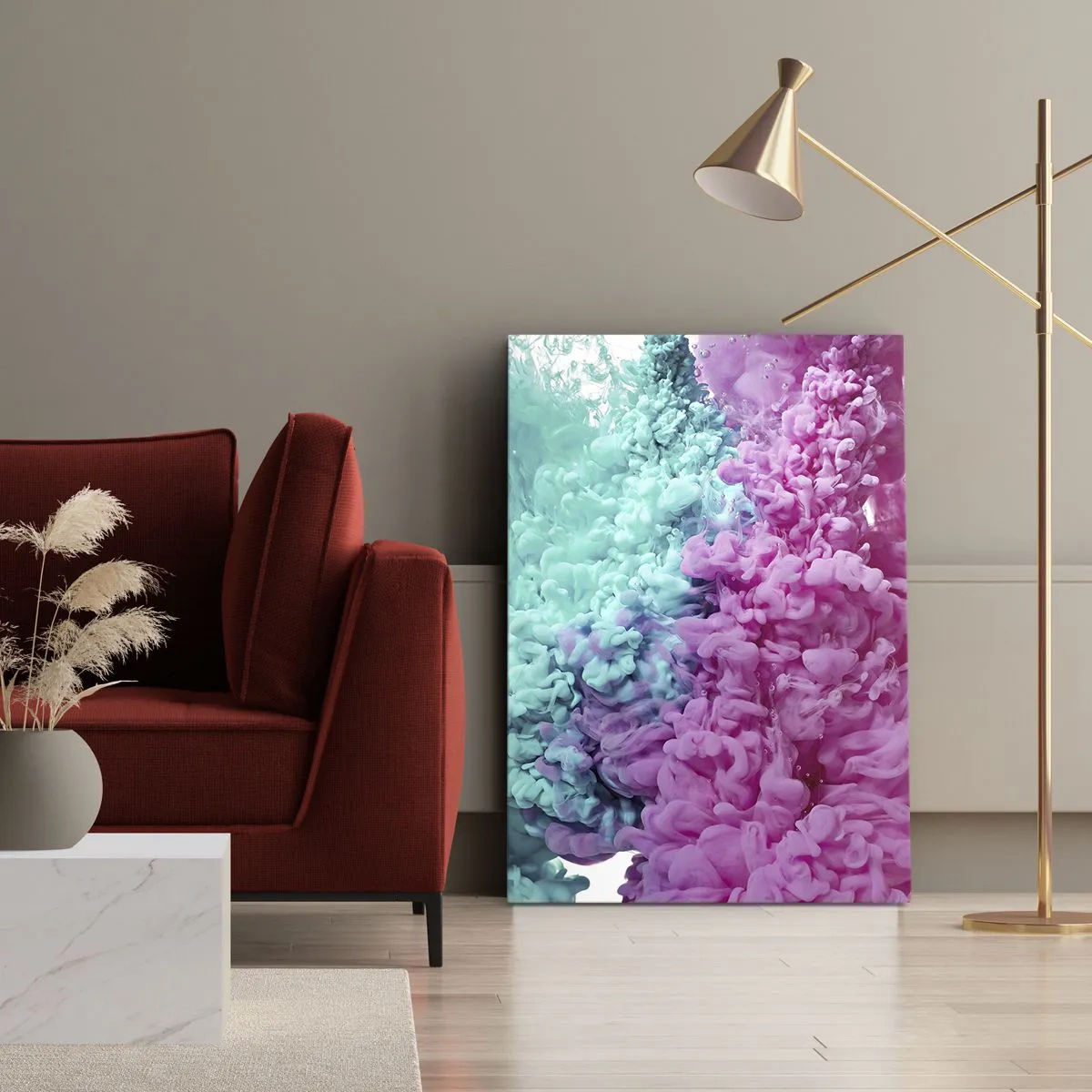 Bild auf Leinwand - Leinwandbild - Bunte Wellen aus Türkis und Pink in abstrakter Form - 50x70cm - Letzte Begegnung - Moderne Wanddekoration für Wohnzimmer und Schlafzimmer ARTTOR