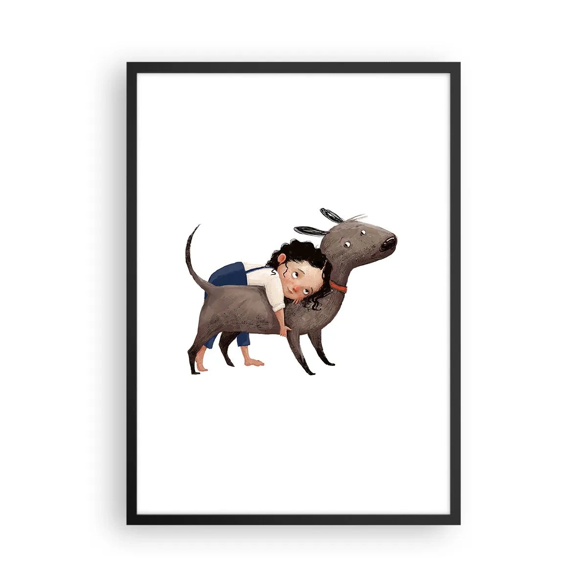 Poster in einem schwarzem Rahmen - Illustration eines Kindes, das einen Hund auf weißem Hintergrund umarmt - 50x70cm - Beste Freunde - Moderne Wanddekoration für Wohnzimmer und Schlafzimmer ARTTOR