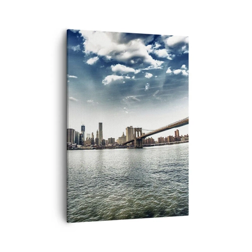 Bild auf Leinwand - Leinwandbild - Panorama der Stadt mit einer Brücke vor dem blauen Himmel - 50x70cm - Glasinsel - Moderne Wanddekoration für Wohnzimmer und Schlafzimmer ARTTOR