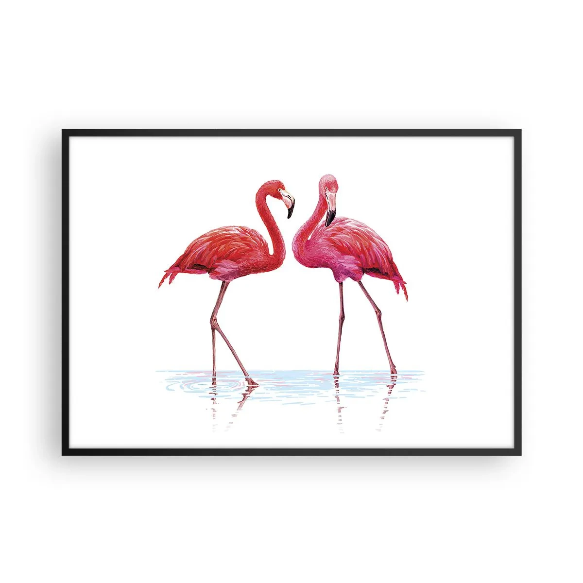Poster in einem schwarzem Rahmen - Ein Flamingopaar im Wasser vor hellem Hintergrund - 100x70cm - Rosa randez-vous - Moderne Wanddekoration für Wohnzimmer und Schlafzimmer ARTTOR