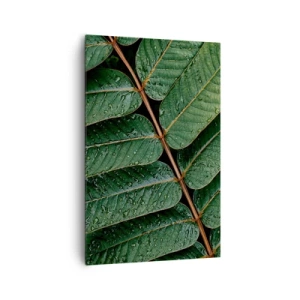 Bild auf Leinwand - Leinwandbild - Makroaufnahme von grünen Blättern mit Tautropfen - 80x120cm - Im grünen Rhythmus - Moderne Wanddekoration für Wohnzimmer und Schlafzimmer ARTTOR