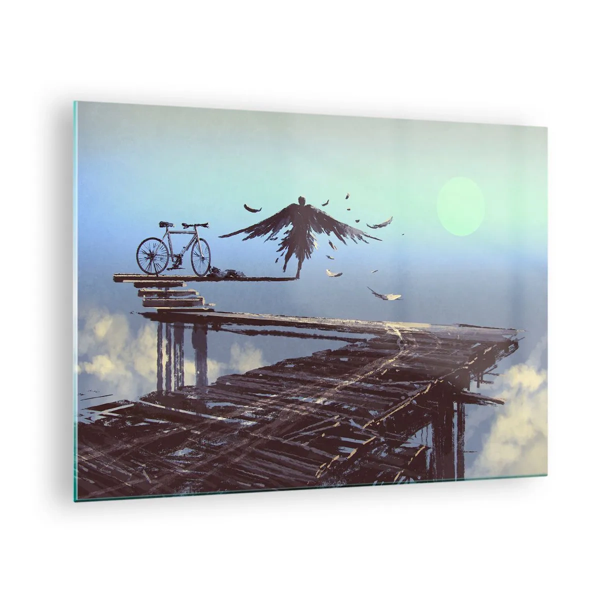 Glasbild - Bild auf glas - Eine Figur mit einem Fahrrad auf einer Holzbrücke über den Wolken - 70x50cm - Ikarus lebt für immer - Moderne Wanddekoration für Wohnzimmer und Schlafzimmer ARTTOR
