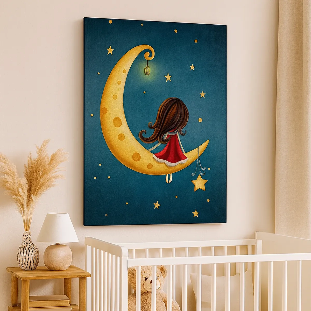 Bild auf Leinwand - Leinwandbild - Ein Mädchen auf dem Mond, umgeben von Sternen - 50x70cm - Einmal… - Moderne Wanddekoration für Wohnzimmer und Schlafzimmer ARTTOR
