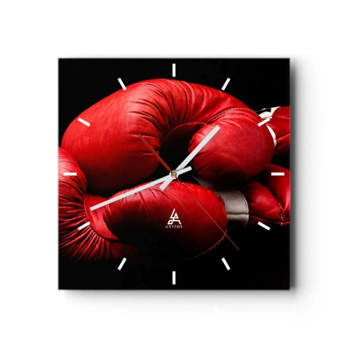 Wanduhr - Glasuhr - Rote Boxhandschuhe auf schwarzem Hintergrund - 30x30cm - Die Emotionen des Kampfes liegen hinter uns - Moderne Wanddekoration für Wohnzimmer und Schlafzimmer ARTTOR