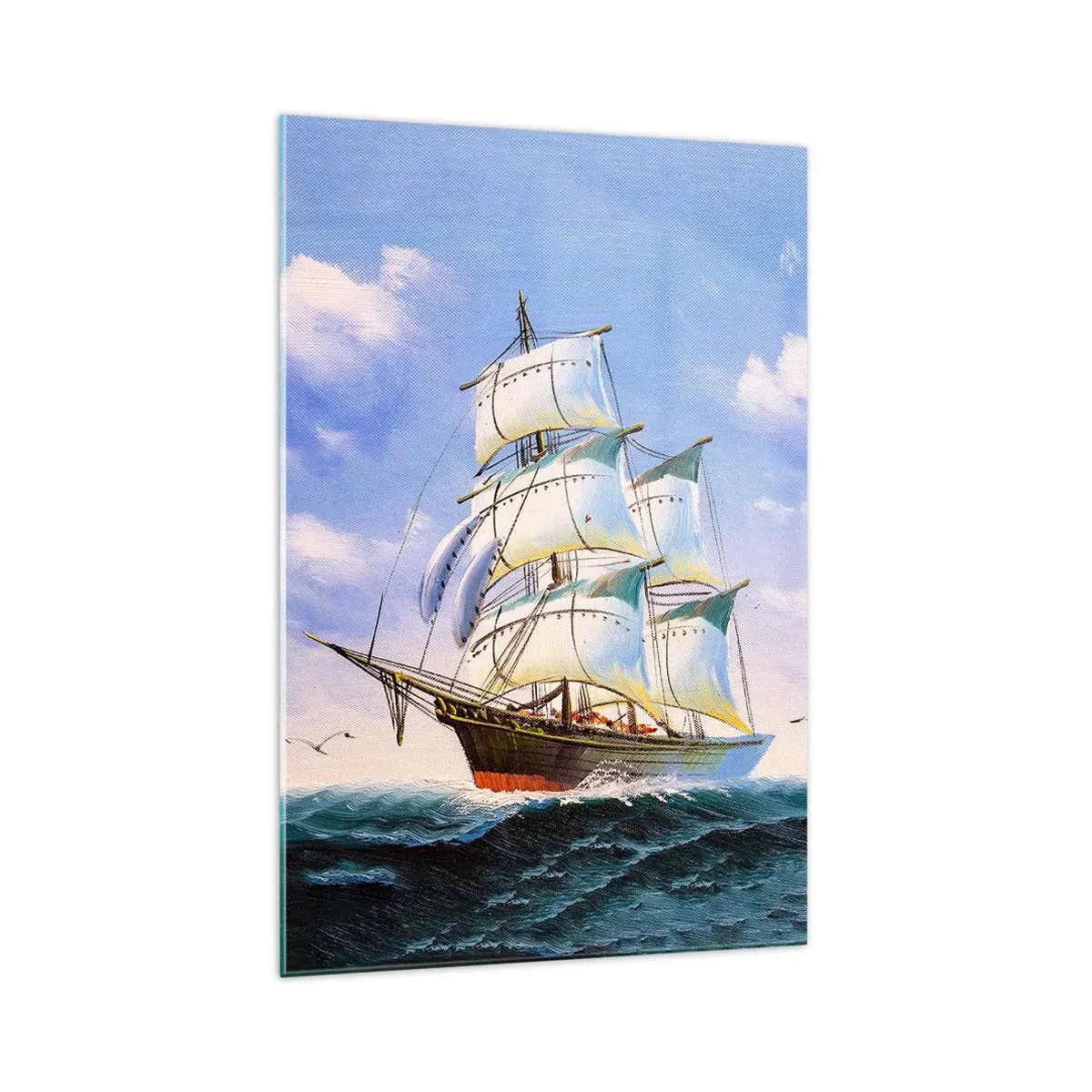 Glasbild - Bild auf glas - Ein Segelschiff auf offener See unter blauem Himmel - 70x100cm - Mit Stolz mit dem Wind - Moderne Wanddekoration für Wohnzimmer und Schlafzimmer ARTTOR