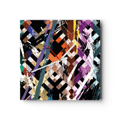 Wanduhr - Glasuhr - Abstrakte Komposition mit farbigen Linien auf schwarzem Hintergrund - 30x30cm - Quadriert - Moderne Wanddekoration für Wohnzimmer und Schlafzimmer ARTTOR