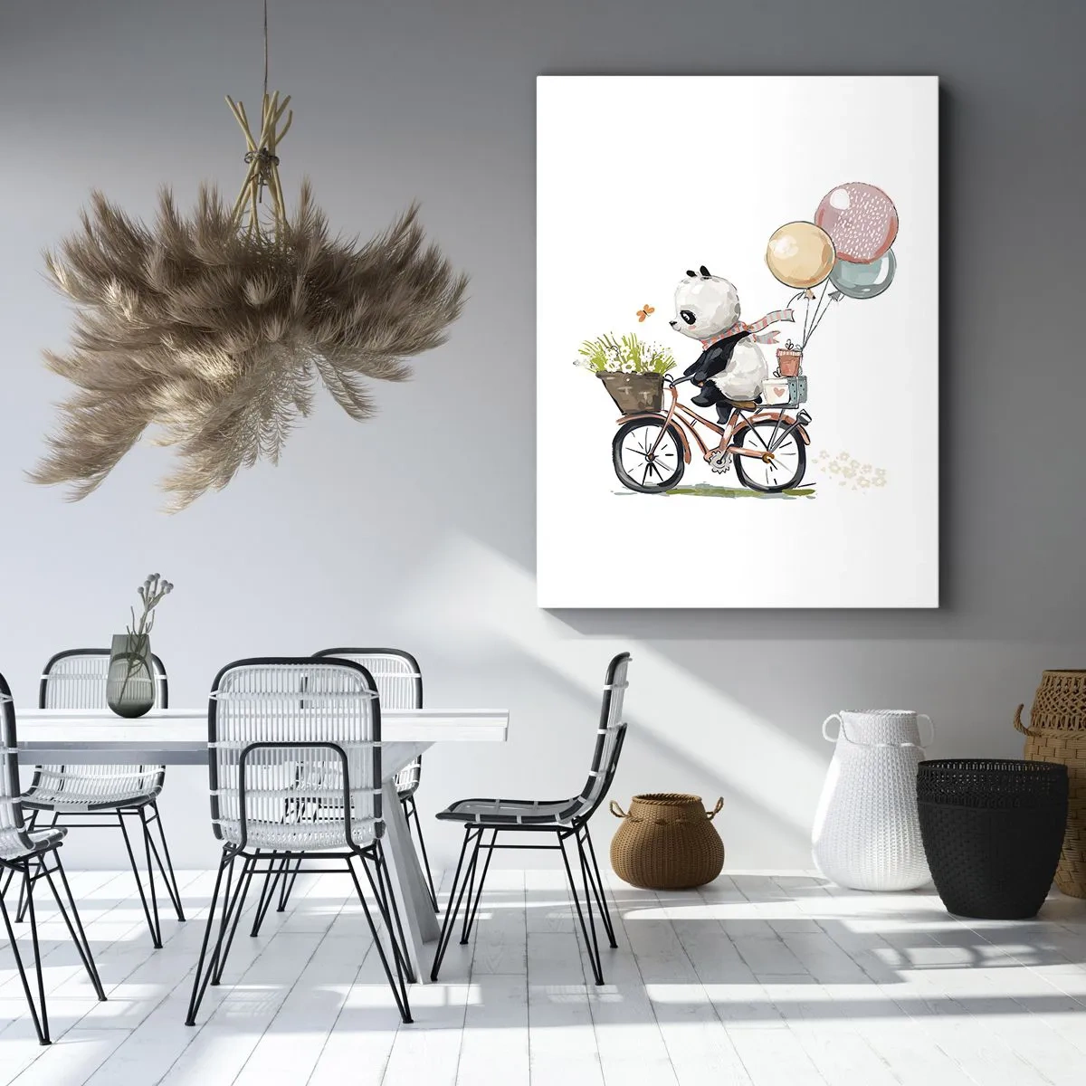 Bild auf Leinwand - Leinwandbild - Panda auf einem Fahrrad mit Luftballons und Blumen - 50x70cm - Glücklicher Tag - Moderne Wanddekoration für Wohnzimmer und Schlafzimmer ARTTOR