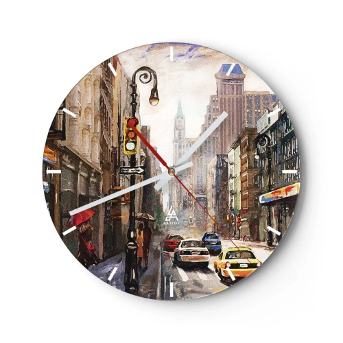 Wanduhr - Glasuhr - Eine New Yorker Straße im malerischen Stil - 30x30cm - New York - auch im Regen bunt - Moderne Wanddekoration für Wohnzimmer, Küche und Schlafzimmer ARTTOR
