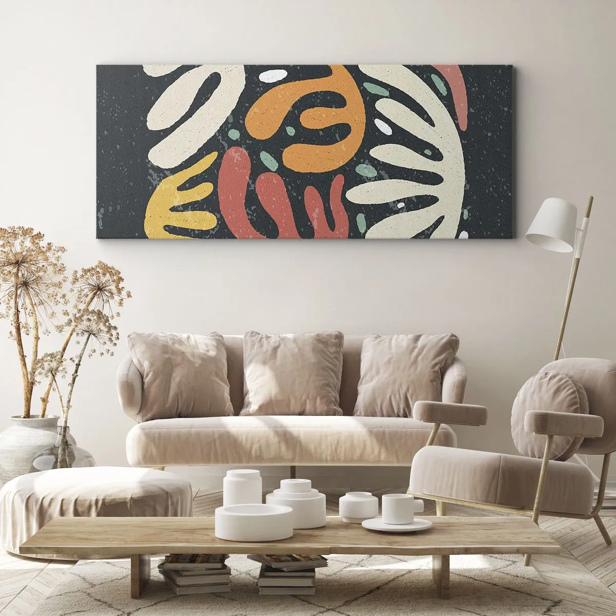Bild auf Leinwand - Leinwandbild - Abstrakte Formen in warmen Farben auf dunklem Hintergrund - 160x50cm - Komposition – Ich erwische dich gleich - Moderne Wanddekoration für Wohnzimmer und Schlafzimmer ARTTOR