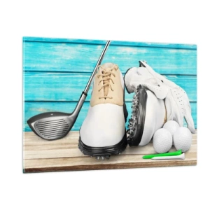 Glasbild - Bild auf glas - Golfzubehör auf Holzhintergrund - 120x80cm - Alles ist bereit - Moderne Wanddekoration für Wohnzimmer und Schlafzimmer ARTTOR