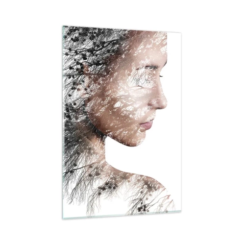 Glasbild - Bild auf glas - Silhouette einer Frau mit einem Zweig und Vogelmotiv im Hintergrund - 80x120cm - Der Geist des Waldes - Moderne Wanddekoration für Wohnzimmer und Schlafzimmer ARTTOR