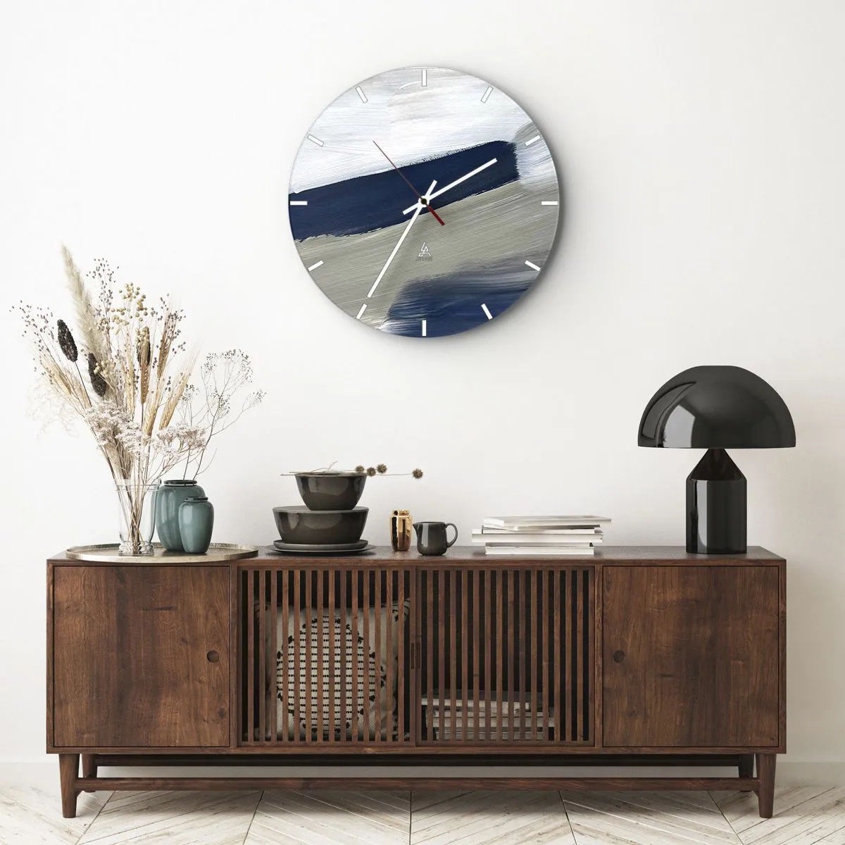 Wanduhr - Glasuhr - Abstrakte Pinselstriche in Weiß und Marineblau - 30x30cm - Begegnung mit dem Weißsein - Moderne Wanddekoration für Wohnzimmer, Küche und Schlafzimmer ARTTOR
