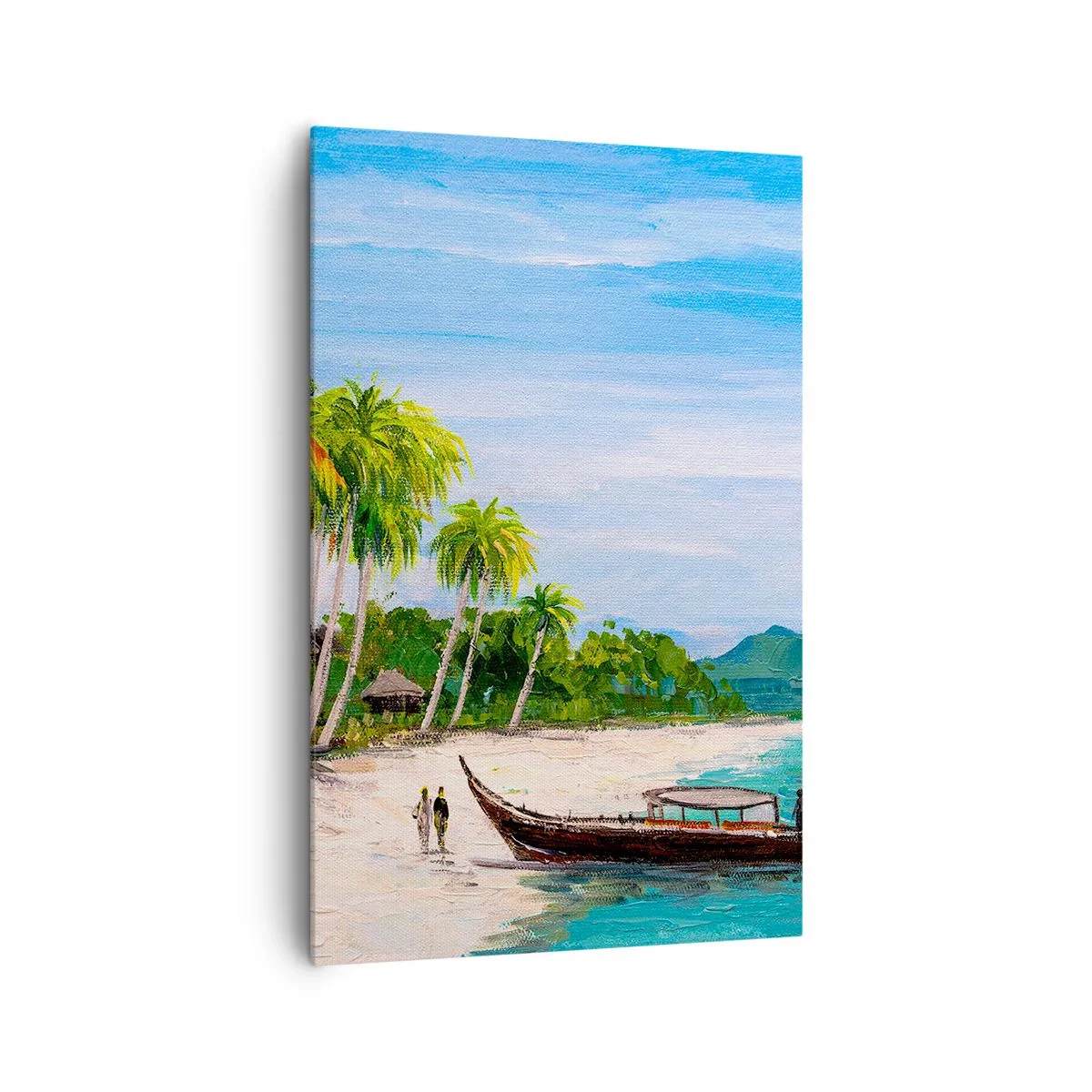 Bild auf Leinwand - Leinwandbild - Ein exotischer Strand mit Palmen und einem Boot am Ufer - 80x120cm - Exotischer Traum - Moderne Wanddekoration für Wohnzimmer und Schlafzimmer ARTTOR