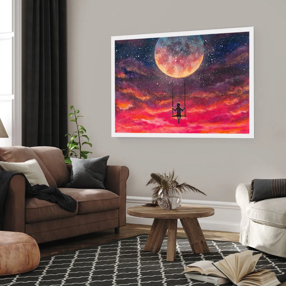 Poster - Eine Figur auf einer Schaukel, die vor dem Mond hängt - 100x70cm - Traum - Moderne Wanddekoration für Wohnzimmer und Schlafzimmer ARTTOR