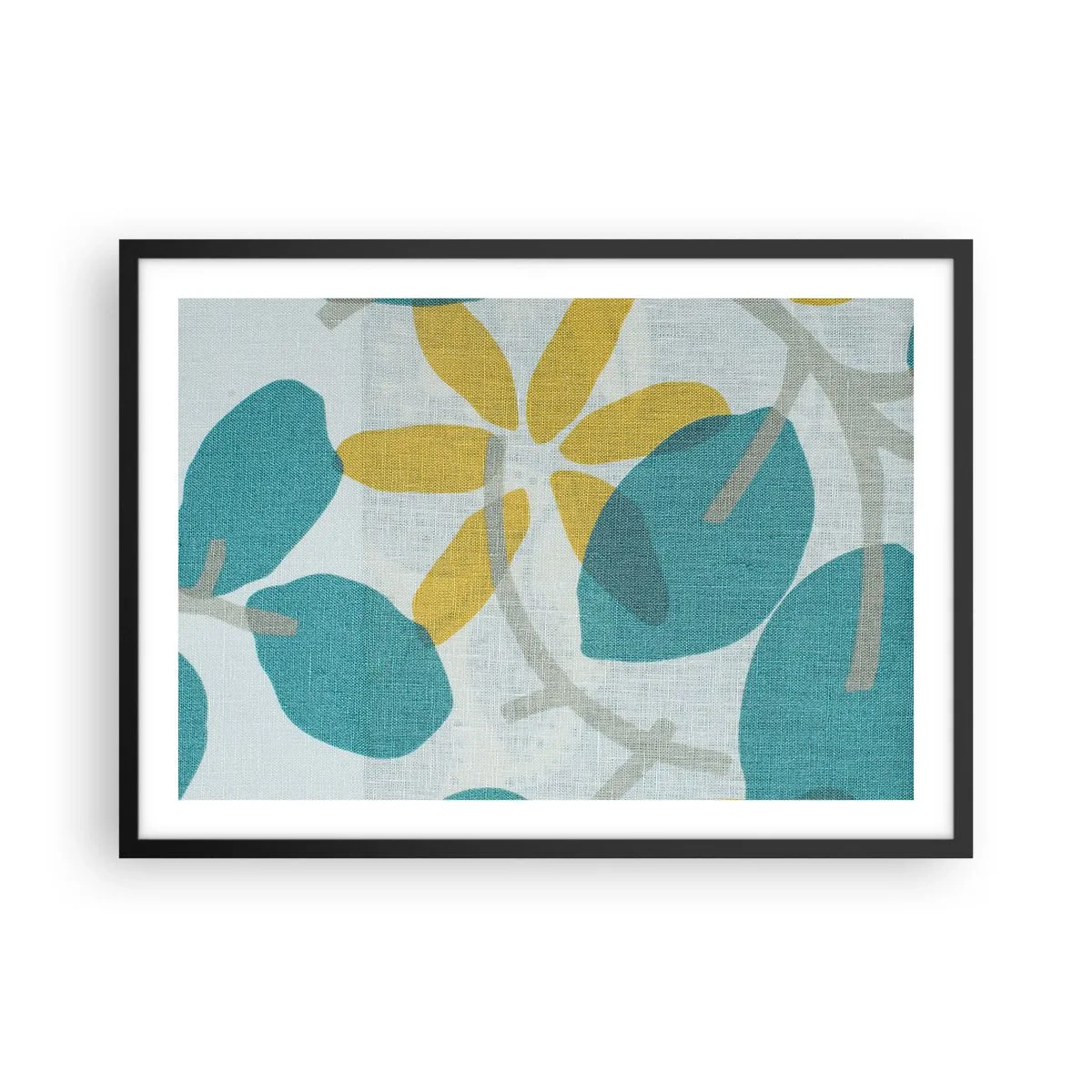 Poster in einem schwarzem Rahmen - Blätter in Türkis- und Gelbtönen auf hellem Hintergrund - 70x50cm - Unter den azurblauen Blättern - Moderne Wanddekoration für Wohnzimmer und Schlafzimmer ARTTOR