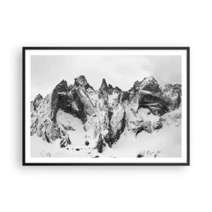 Poster in einem schwarzem Rahmen - Schwarz-weiße schneebedeckte Berggipfel - 100x70cm - Gefährlicher Granitgrat - Moderne Wanddekoration für Wohnzimmer und Schlafzimmer ARTTOR