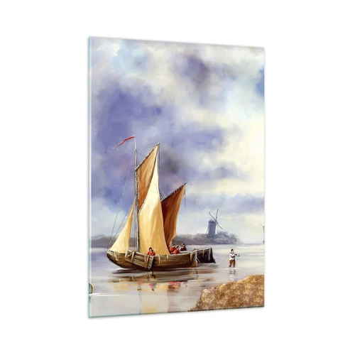 Glasbild - Bild auf glas - Segelboote auf einem ruhigen See mit Windmühlen im Hintergrund - 50x70cm - Die Rückkehr der Seeleute - Moderne Wanddekoration für Wohnzimmer und Schlafzimmer ARTTOR