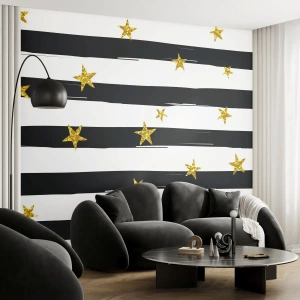 Selbstklebende Fototapete Deluxe Sticker - Wir wurden alle unter einem glücklichen Stern geboren - Grafik, Goldstern, Schwarz-weiße Streifen - 100x70 cm