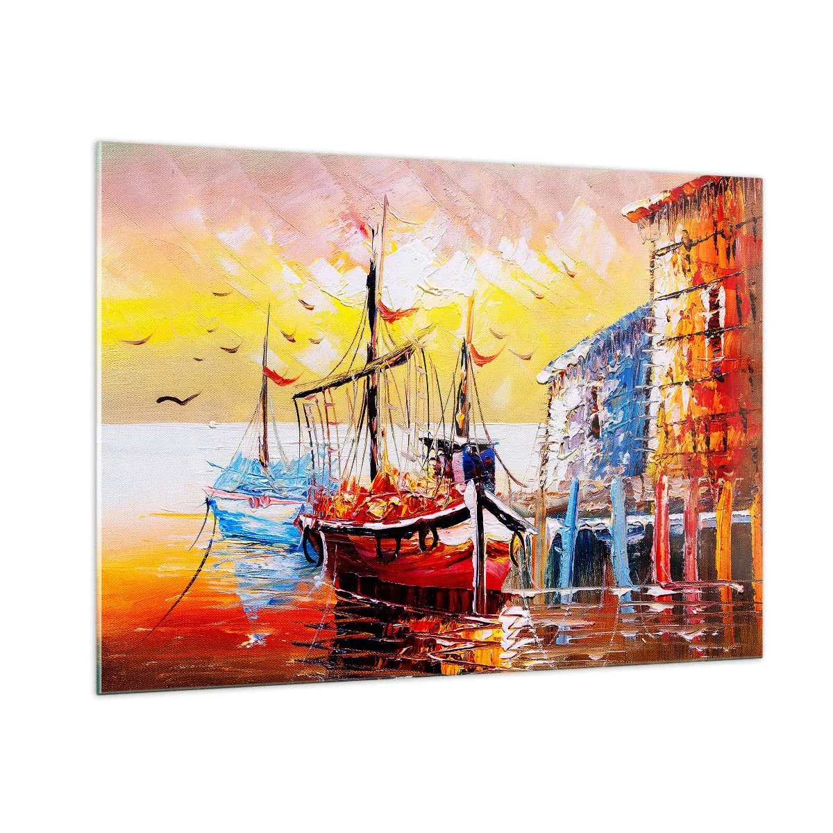 Glasbild - Bild auf glas - Bunte Segelboote bei Sonnenuntergang - 100x70cm - Glückliche Rückkehr - Moderne Wanddekoration für Wohnzimmer und Schlafzimmer ARTTOR