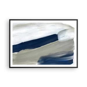 Poster in einem schwarzem Rahmen - Abstrakte Pinselstriche in Blau- und Grautönen - 100x70cm - Begegnung mit dem Weißsein - Moderne Wanddekoration für Wohnzimmer und Schlafzimmer ARTTOR