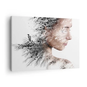 Bild auf Leinwand - Leinwandbild - Silhouette einer Frau mit einem Zweig und Vogelmotiv im Hintergrund - 70x50cm - Der Geist des Waldes - Moderne Wanddekoration für Wohnzimmer und Schlafzimmer ARTTOR