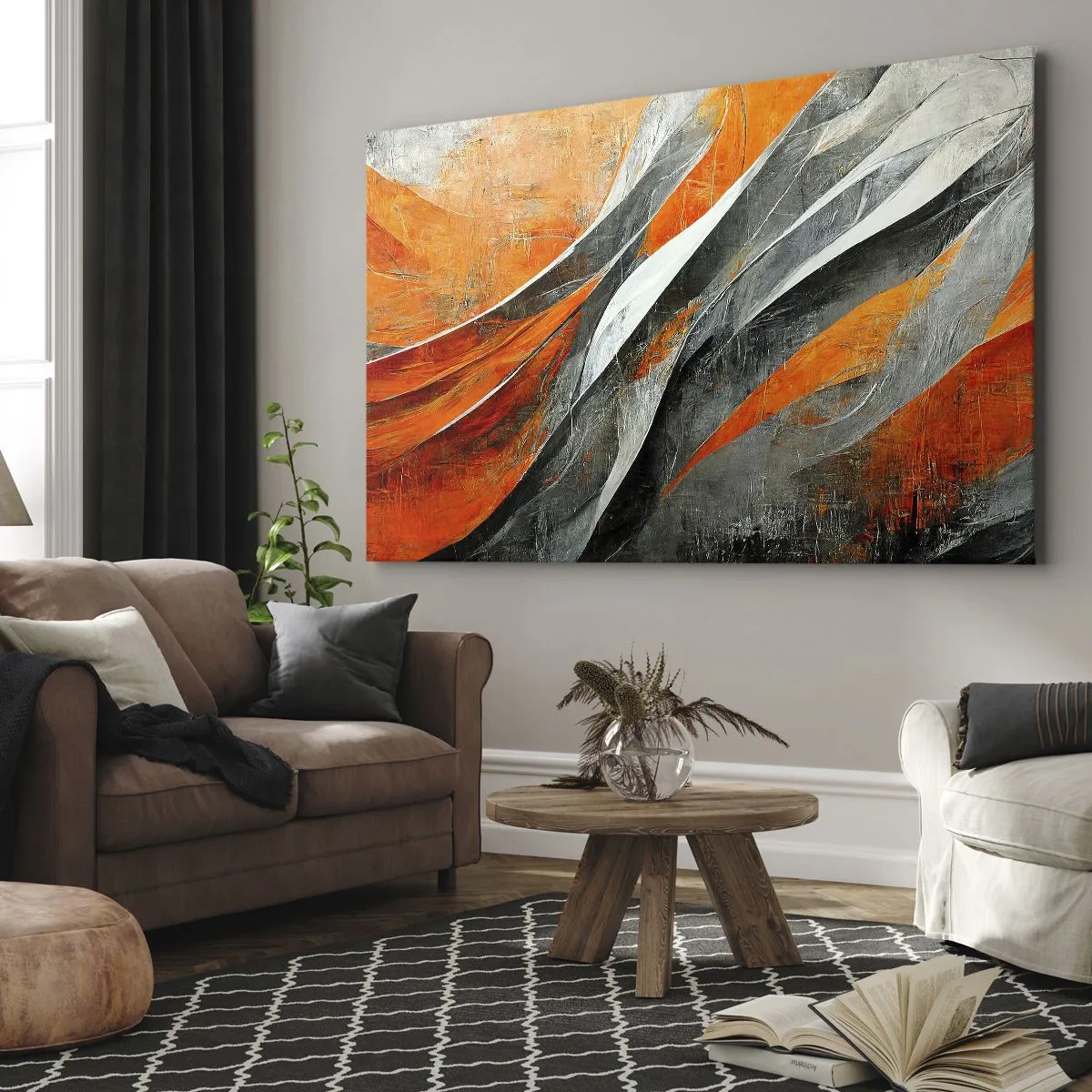 Bild auf Leinwand - Leinwandbild - Abstrakte Linien in Orange- und Grautönen - 120x80cm - Hitze und Kälte - Moderne Wanddekoration für Wohnzimmer und Schlafzimmer ARTTOR