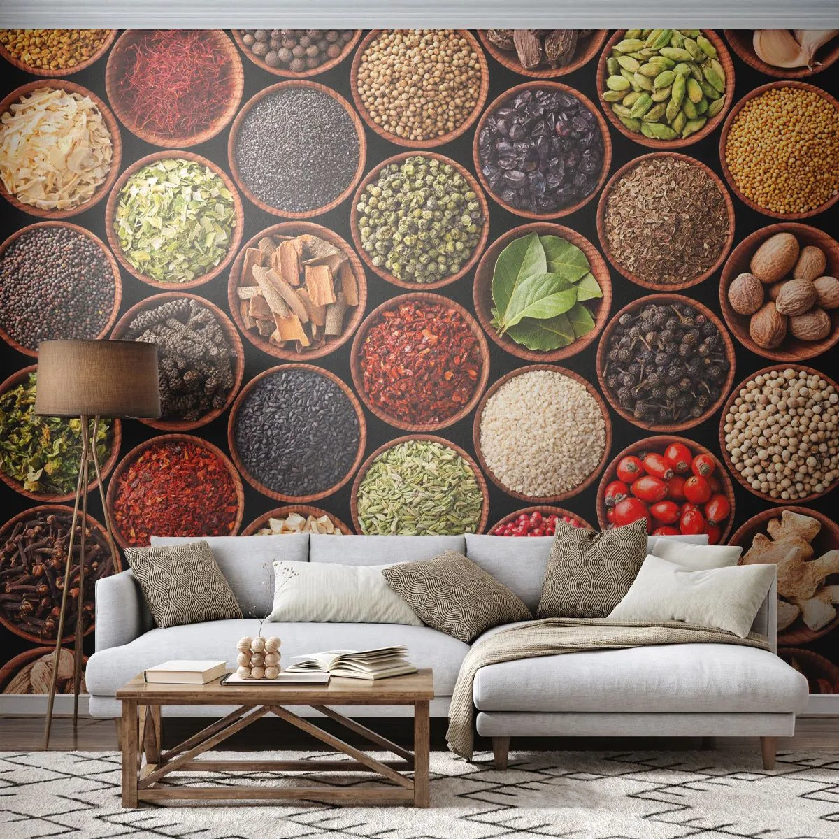 Fototapete Premium Sand - Alle Aromen der Welt - Gastronomie, Gewürze, Getrocknete Kräuter - 100x70 cm