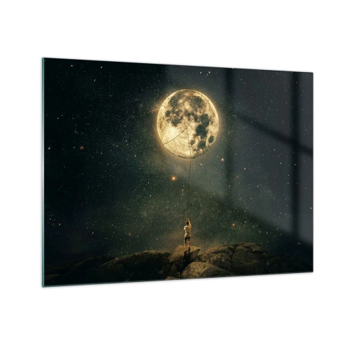 Glasbild - Bild auf glas - Eine Figur auf einem Felsen hält den Mond, der an einem Seil gefangen ist. - 70x50cm - Der Mann, der den Mond gestohlen hat - Moderne Wanddekoration für Wohnzimmer und Schlafzimmer ARTTOR