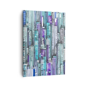 Bild auf Leinwand - Leinwandbild - Illustration einer Stadt mit geometrischen Gebäuden in Blau- und Lilatönen. - 50x70cm - Bläulich von dem Himmel - Moderne Wanddekoration für Wohnzimmer und Schlafzimmer ARTTOR