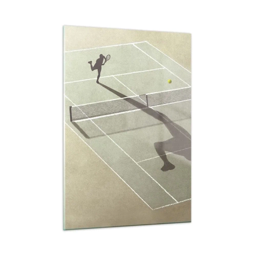 Glasbild - Bild auf glas - Die Figur eines Tennisspielers und sein Schatten auf dem Platz während eines Aufschlags - 50x70cm - Überwinde dich selbst - Moderne Wanddekoration für Wohnzimmer und Schlafzimmer ARTTOR