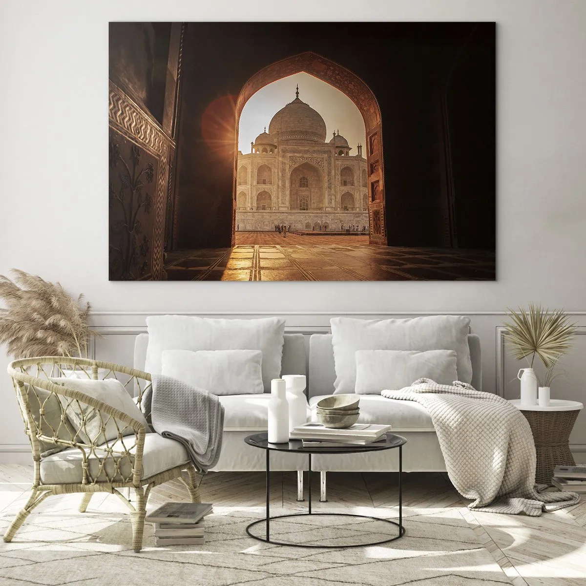 Glasbild - Bild auf glas - Sonnenuntergang über einem monumentalen Gebäude durch einen Bogen gesehen - 100x70cm - Denkmal der überirdischen Liebe - Moderne Wanddekoration für Wohnzimmer und Schlafzimmer ARTTOR