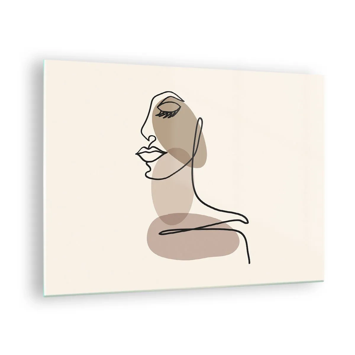 Glasbild - Bild auf glas - Ein minimalistisches Frauenporträt mit einer durchgehenden Linie. - 70x50cm - Eine gewisse Linie der Schönheit - Moderne Wanddekoration für Wohnzimmer und Schlafzimmer ARTTOR