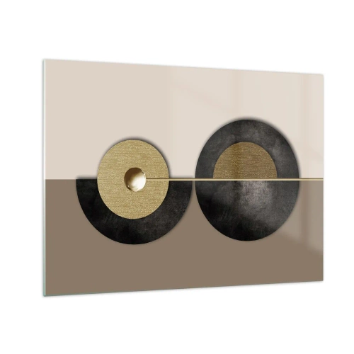 Glasbild - Bild auf glas - Geometrische Kreise in Gold und Schwarz auf beigem Hintergrund - 70x50cm - Variationen rund um den Kreis - Moderne Wanddekoration für Wohnzimmer und Schlafzimmer ARTTOR