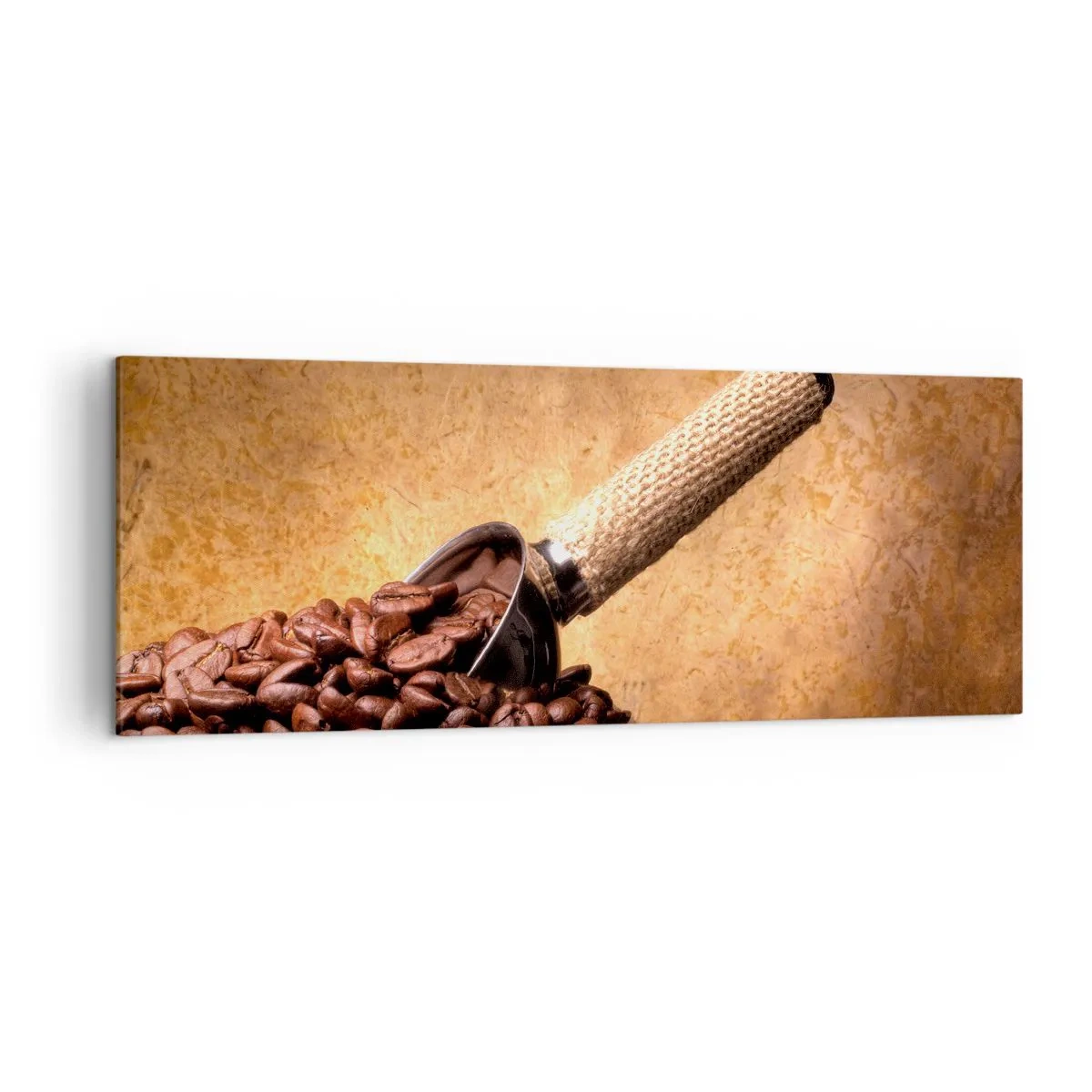 Bild auf Leinwand - Leinwandbild - Kaffeebohnen in einem Jutebeutel mit einem Metalllöffel - 140x50cm - An der Quelle des Geschmacks - Moderne Wanddekoration für Wohnzimmer und Schlafzimmer ARTTOR