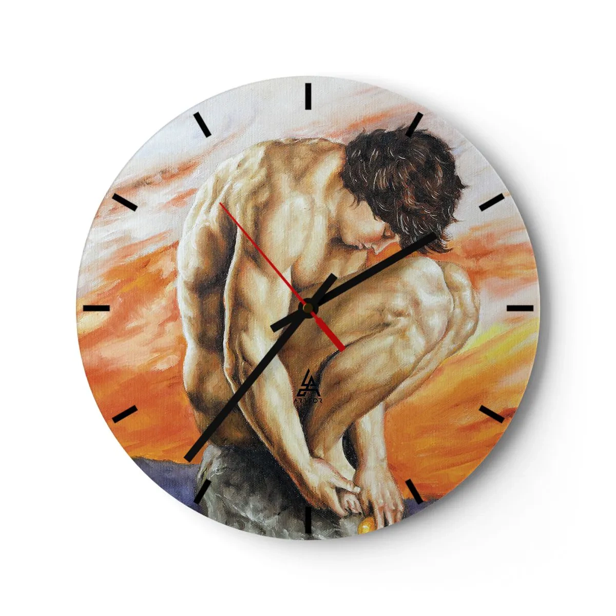 Wanduhr - Glasuhr - Eine männliche Figur in einer künstlerischen Pose vor dem Hintergrund eines Sonnenuntergangs. - 30x30cm - In sich versunken - Moderne Wanddekoration für Wohnzimmer, Küche und Schlafzimmer ARTTOR