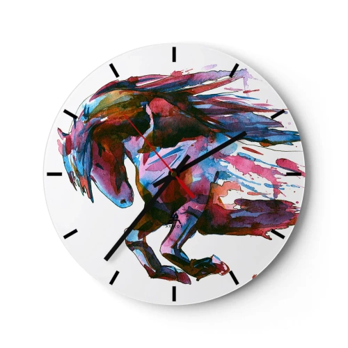 Wanduhr - Glasuhr - Ein dynamisches Pferd in Aquarellfarben mit wallender Mähne - 30x30cm - In Verzückung - Moderne Wanddekoration für Wohnzimmer, Küche und Schlafzimmer ARTTOR