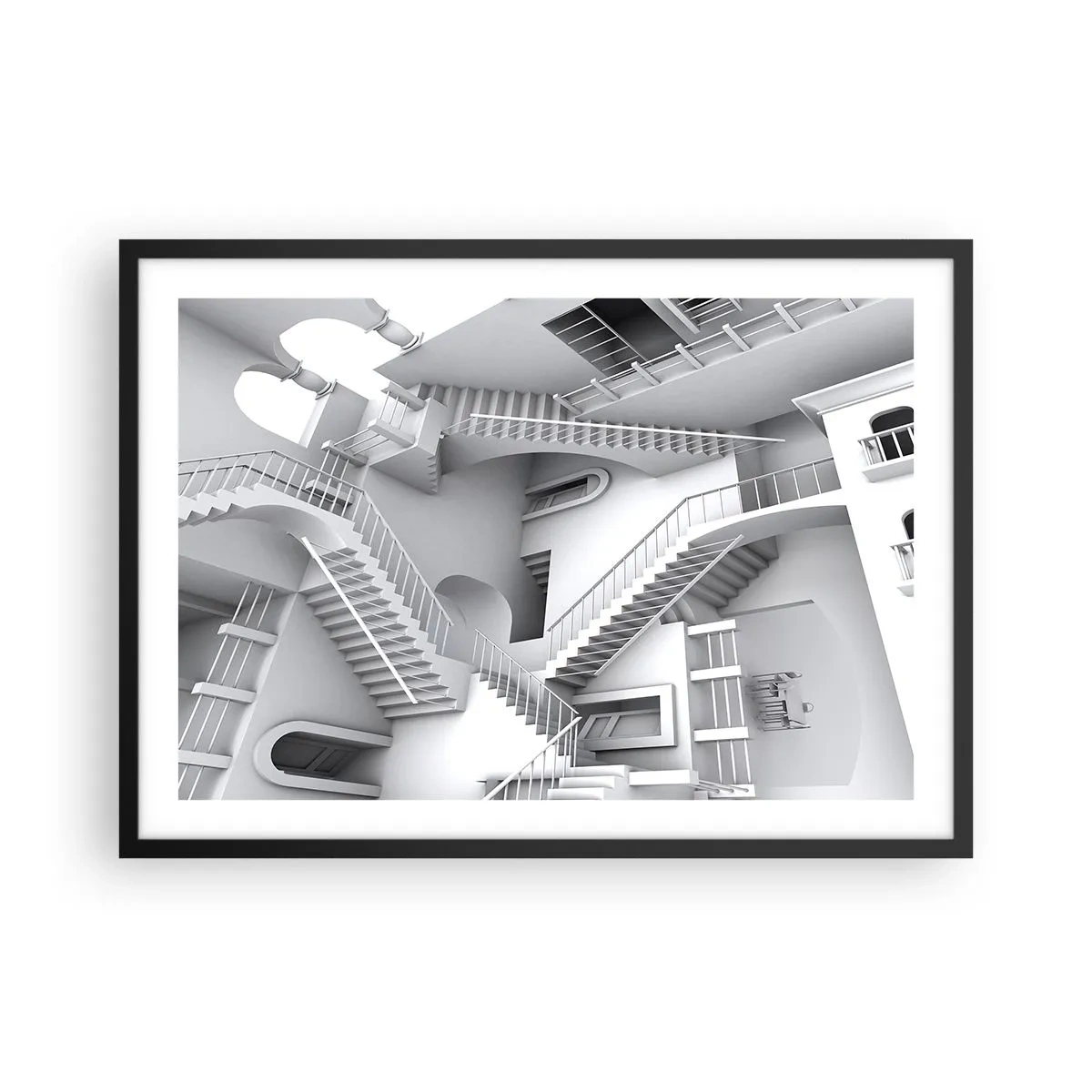 Poster in einem schwarzem Rahmen - Eine abstrakte Komposition aus Treppen in einer surrealistischen Raumanordnung - 70x50cm - Die Paradoxien des Weltraums - Moderne Wanddekoration für Wohnzimmer und Schlafzimmer ARTTOR