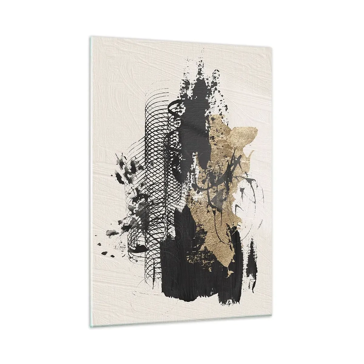 Glasbild - Bild auf glas - Abstrakte Komposition in Schwarz und Gold auf hellem Hintergrund - 50x70cm - Komposition mit Leidenschaft - Moderne Wanddekoration für Wohnzimmer und Schlafzimmer ARTTOR