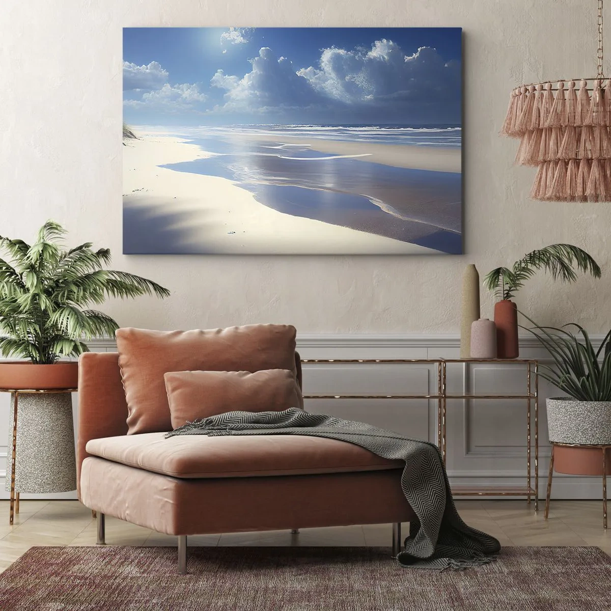 Bild auf Leinwand - Leinwandbild - Ein Sandstrand mit Wellen unter blauem Himmel - 100x70cm - Paradiesischer Urlaub - Moderne Wanddekoration für Wohnzimmer und Schlafzimmer ARTTOR