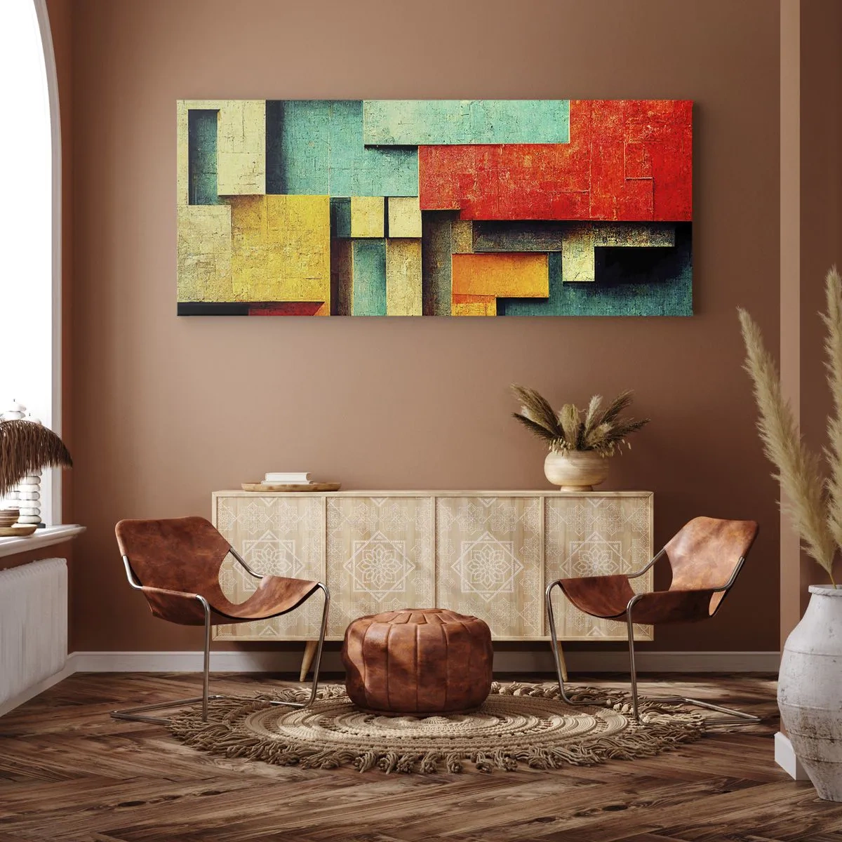 Bild auf Leinwand - Leinwandbild - Abstrakte geometrische Formen in leuchtenden Farben - 140x50cm - Festival der rechten Winkel - Moderne Wanddekoration für Wohnzimmer und Schlafzimmer ARTTOR