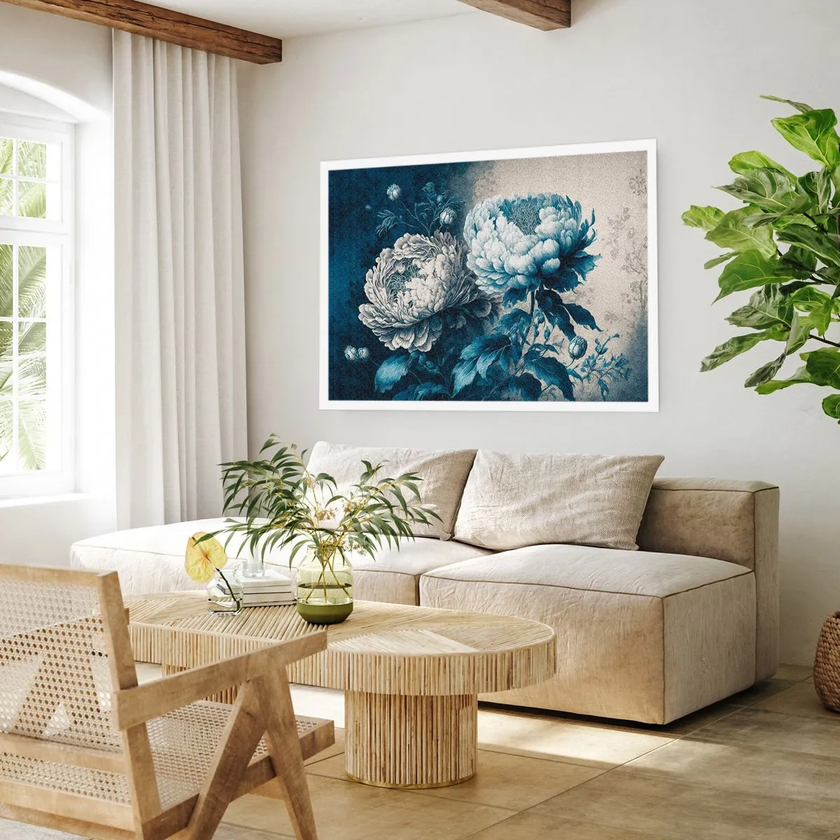 Poster - Blaue Pfingstrosen auf dezentem Untergrund mit zartem Muster - 100x70cm - Passendes Paar - Moderne Wanddekoration für Wohnzimmer und Schlafzimmer ARTTOR