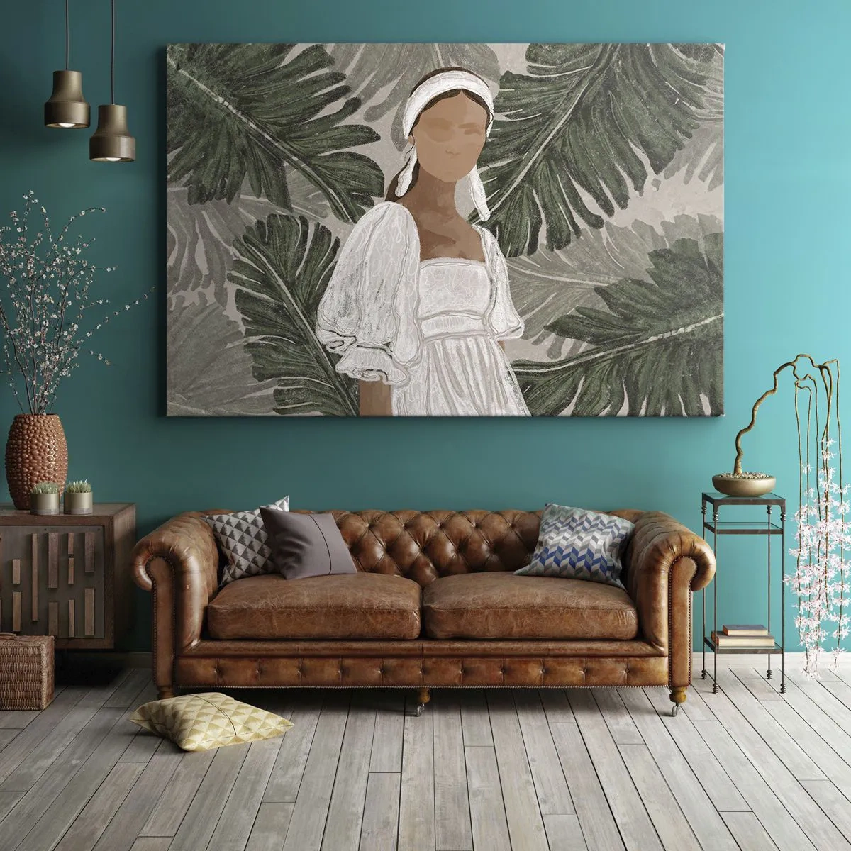 Bild auf Leinwand - Leinwandbild - Porträt einer Frau in einem weißen Kleid vor einem Hintergrund aus Monstera-Blättern - 120x80cm - Exotisches Porträt - Moderne Wanddekoration für Wohnzimmer und Schlafzimmer ARTTOR