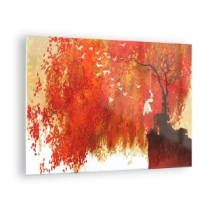 Glasbild - Bild auf glas - Rote Blätter, ein einsamer Baum und Vögel in einer Herbstszene - 70x50cm - Wird er mit ihnen fliegen? - Moderne Wanddekoration für Wohnzimmer und Schlafzimmer ARTTOR
