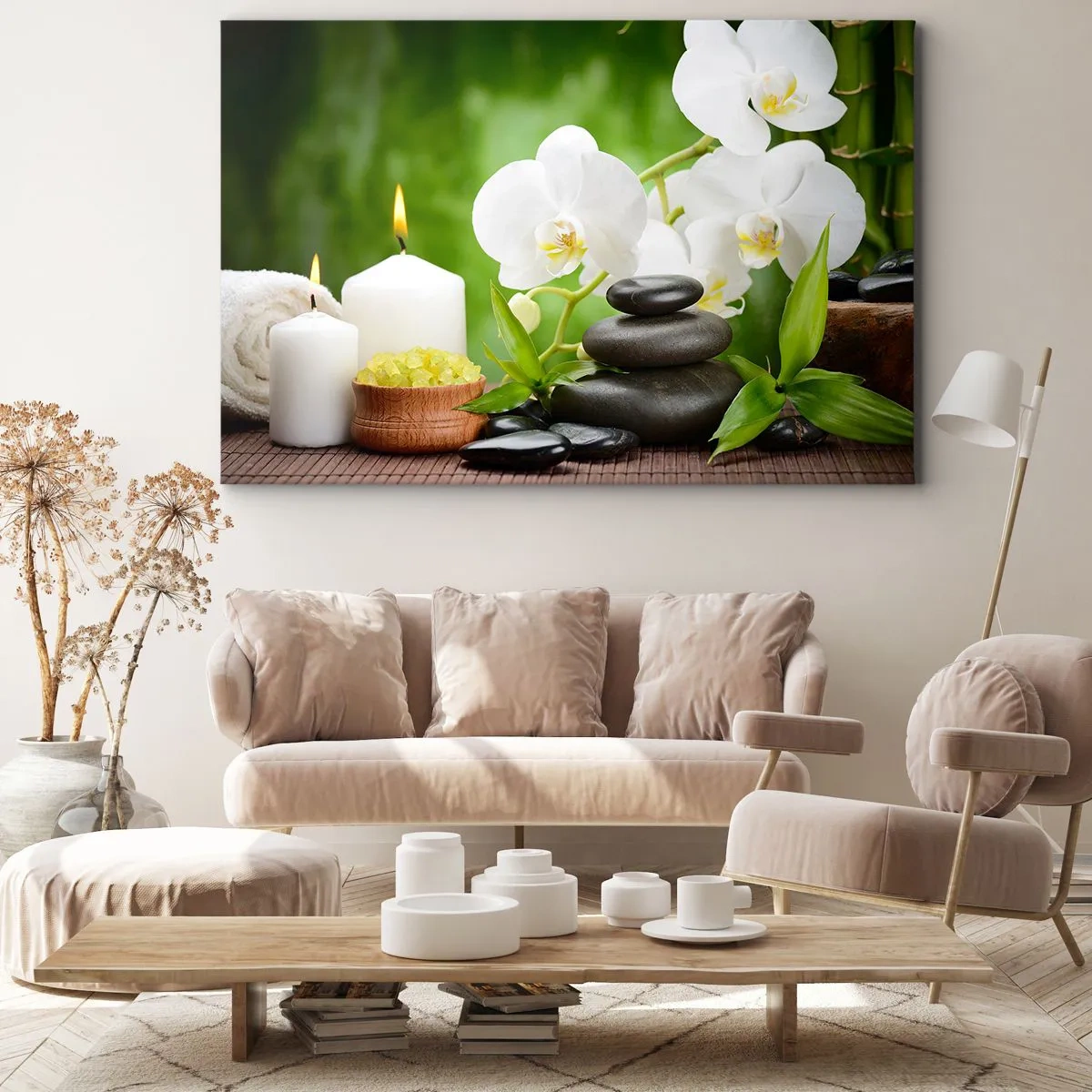 Bild auf Leinwand - Leinwandbild - Orchideen, Kerzen und Steine inmitten der Natur - 120x80cm - Duftige, blumige, zarte Berührung - Moderne Wanddekoration für Wohnzimmer und Schlafzimmer ARTTOR
