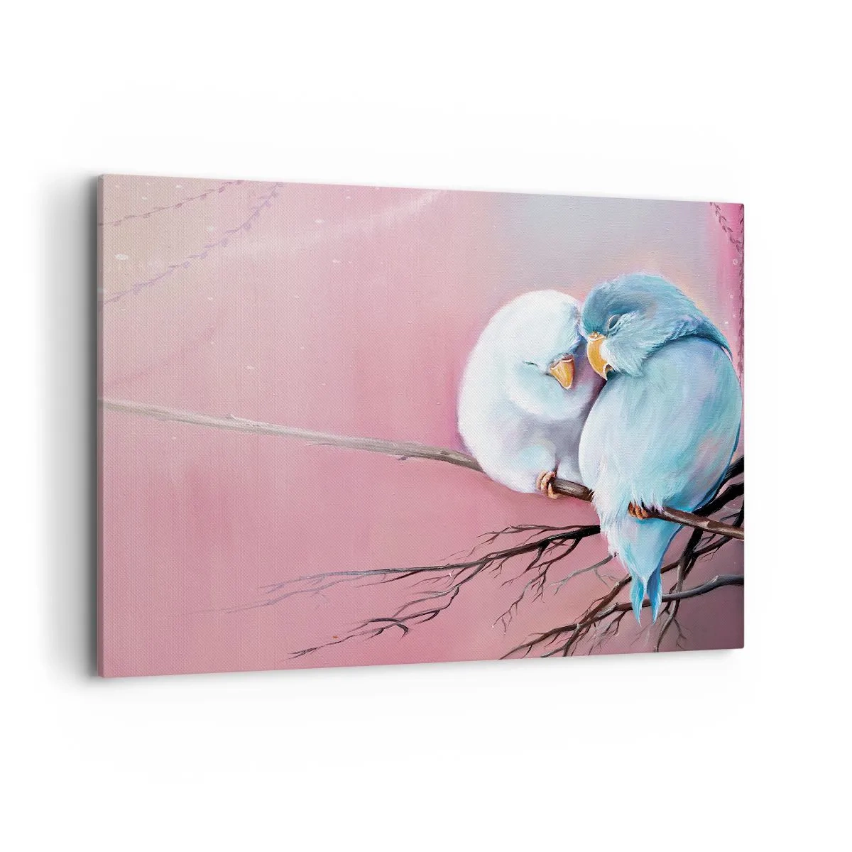 Bild auf Leinwand - Leinwandbild - Zwei verliebte Vögel auf einem Ast auf rosa Hintergrund - 100x70cm - Was kann ich hier hinzufügen? ... - Moderne Wanddekoration für Wohnzimmer und Schlafzimmer ARTTOR