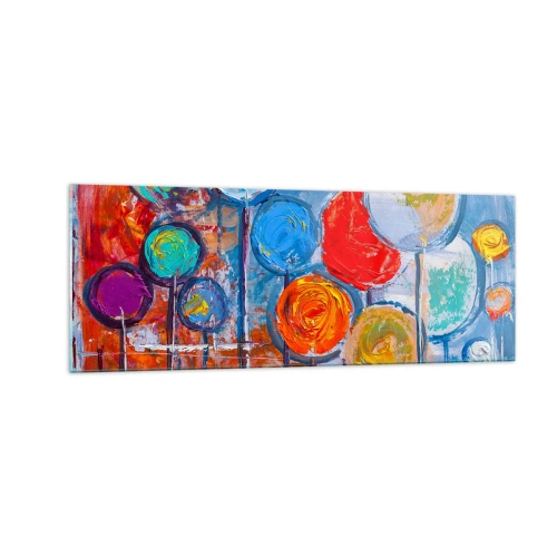 Glasbild - Bild auf glas - Bunte abstrakte Bäume auf blauem Hintergrund - 140x50cm - Wunder am Stiel - Moderne Wanddekoration für Wohnzimmer und Schlafzimmer ARTTOR
